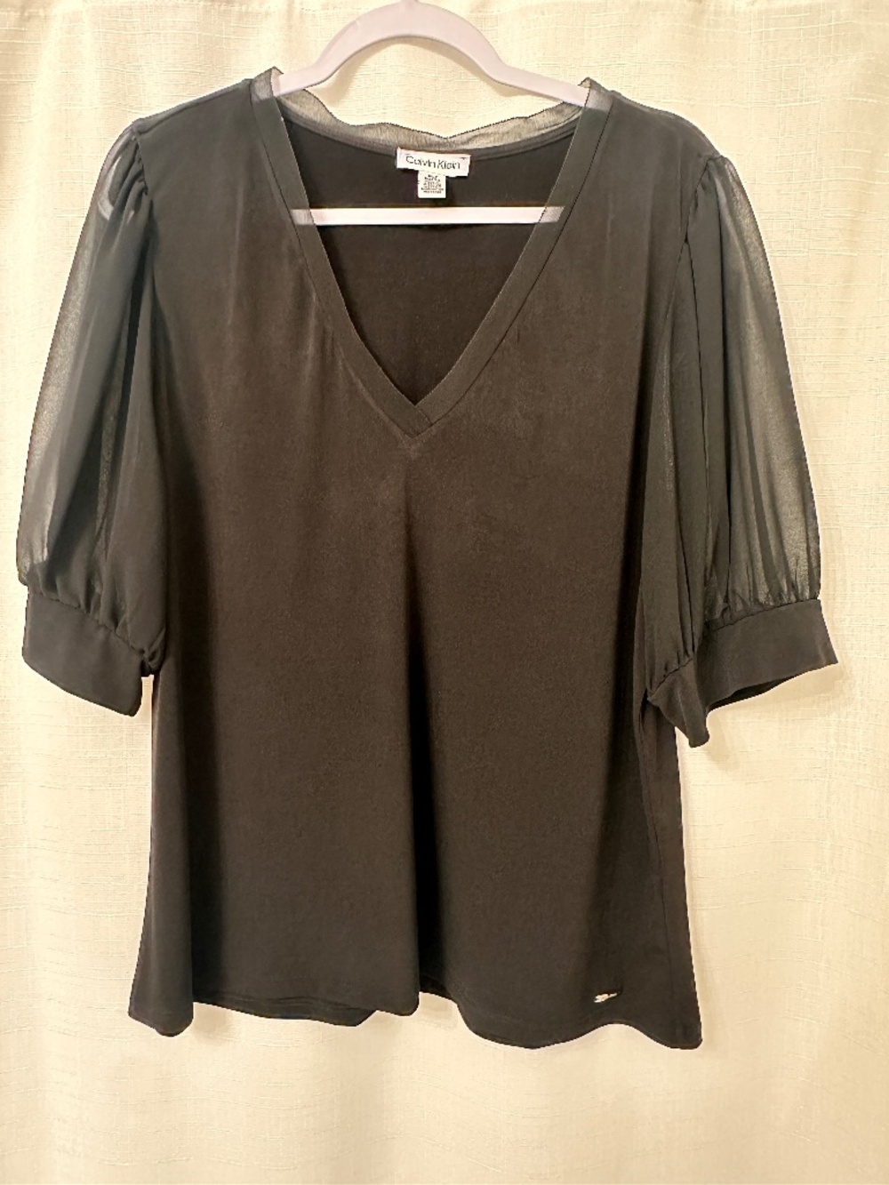 Calvin Klein Black Sheer Puff Sleeve V-Neck Blouse XL